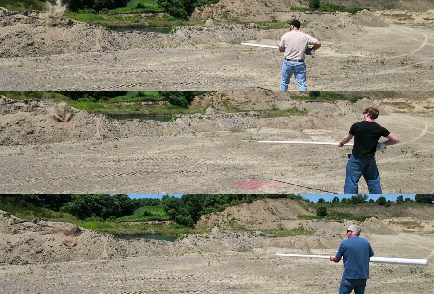 Three stacked 240 fps frames of the velocity test: each shooter firing left across the measured gap in the quarry
